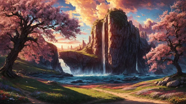 excellent oil painting of a landscape, vibrant colors, powerfull style with epic dramatism, small willage, mistery land, best quality, maximum quality, intricate details, ultrasahrp, ambient oclusion, realistic shadows, art by Bastien Lecouffe Deharme, 8k, oil art, <lora:add_detail:1> <lora:royta v1.1:0.4>8k perfect quality, dramatic magic wind with blowing leafs and flowers