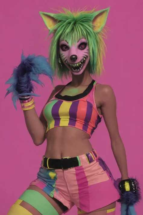 1990s style raver woman at the club, wearing colorful raver clothes, long snout, sharp teeth,