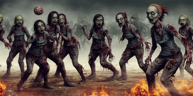 female (horror zombie:1.5) soccer team, on burning soccer field, wearing matching blue soccer uniforms,