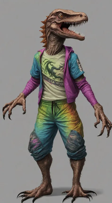 velociraptor wearing 1990s style raver clothes,