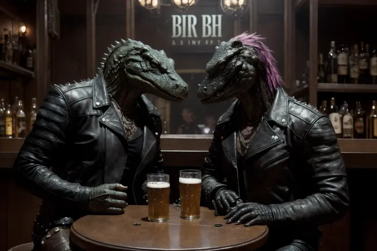 seated (two shot angle:1.1), at the table BAR, cluttered dirty BAR, first date, a stunning muscular male (alligator:1.1) (anthropomorphic:1.5), (wearing punk leather jacket:1.3), seated next a stunning female anthro, beer glass, style of David Lachapelle, intricate, hyper-detailed, (disturbing:1.1), (majestic:1.2), (suggestive:1.3), (depressing:1.3), (fascinating:1.2)