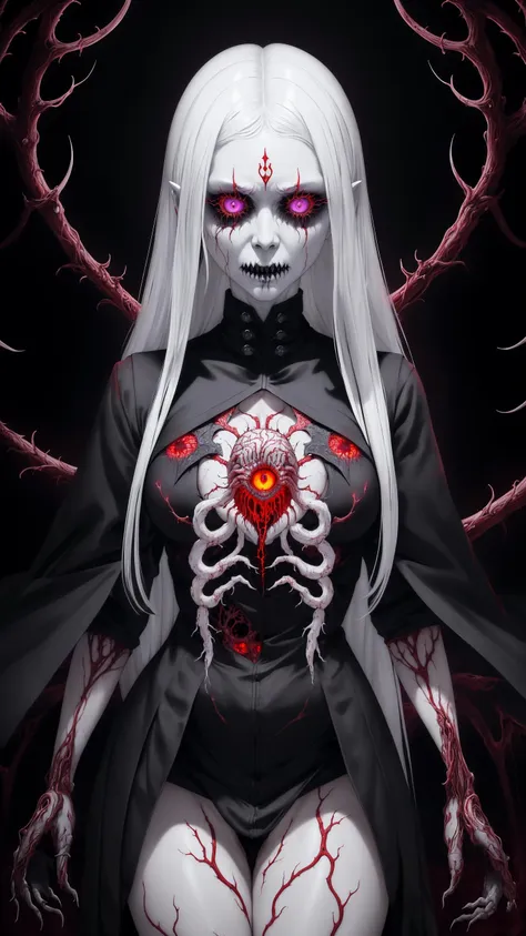 girl with a pretty face, white hair, anime style, purple eyes, (((sexy school uniform))), wearing a stylish very sexy school uniform, with a funny expression on her face, doom slayer the Hell walker, incoming death, hell, black bloody veins growing and intertwining out of the darkness, oozing thick yellow blood, veins growing and pumping blood, (male body:1.6), 1 man, vascular networks growing, connecting, expanding, red veins everywhere, zdzislaw beksinski, (sharp colors:1.3), (rainbow skin:1.1), (Infrared:1.2), ultra detailed, intricate, oil on canvas, ((dry brush, ultra sharp)), (surrealism:1.4), (disturbing:1.5), beksinski style painting, satanic symbols, (full torso), full body in frame, centered body, (male:1.2), realistic, ((intricate details)), (pale gothic evil king), dynamic pose, perfect face, (realistic eyes), perfect eyes, ((dark gothic background)), sharp focus