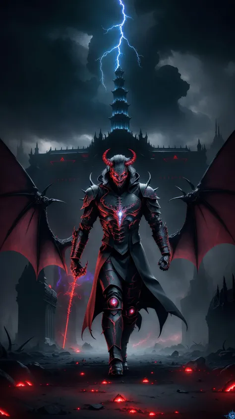 powerful (demonic creature:1.2), red tech googles, demon mask, androgynous male, strong pose, tech heavy armor, Raiden, metal gear style, lightning effects, thunder effects, dark sky raining, god of thunder, dark hair, infernal city background, tall structures, infernal towers background, dark red colors, apocalyptical, far distance, full body, perfect detailed face, detailed symmetric circular iris, realistic, stunning realistic photograph, 3d render, octane render, intricately detailed, cinematic, Isometric, dark fantasy theme, mystical, Dark theme, underworld theme, deviant art masterpiece, white skin, crimson eyes, dark tattoos, color grading, dark illustration, extreme quality, extremely detailed, ultra-detailed face, ultra hd 8k, dark lightning, concept art, hyperdetailed, intricately detailed gothic art, triadic colors, fantastical, intricate detail, splash screen, complementary colors, fantasy concept art, 8k resolution, soft lighting, film photography, film grain, hyper realist, vaporwave