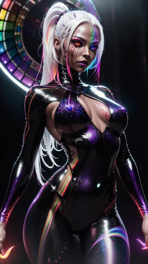 1girl, solo, mysterious, vivid color, shiny, underwater transparent sealed hemispherical glass dome, (white hair), (purple eyes), full body,barefoot,long hair tranquil nature, vascular networks growing, connecting, explanding, rainbow veins everywhere, sharp focus, rainbow bloody veins growing and intertwining out of the darkness, oozing thick neon rainbow blood, veins growing and pumping blood, neon spider web, (nailed wire), (rainbow skin:1.4), latex pants, blood on face, ultra realistic, eye blood, the death of a population, dread, unknown fear, succubus girl, hand painting, (masterpiece, realistic painting), glowing neon lines, realistic photography, ultra realistic, biomechinical, biomachines, ((hnsrdlf style)), detailed reflections, dark atmosphere, gothic art, futuristic, realistic blood, realistic reflections, RTX graphic, HDR, ultra detailed, real blood, detailed sky, nuclear explosion, best quality, high resolution, halo, black halo, fire halo, satanic halo, extremely detailed, detailed background, perfect lighting, (colorful, vivid color:1.4), (Infrared:1.2), glowing border, symmetric, colorful skin, (nude girl:0.7), sharp teeths, glowing body, rainbow eyes, symmetric, (demon waifu, succubus:0.9), ((cum girl, dark glass skin)), Eye of Providence