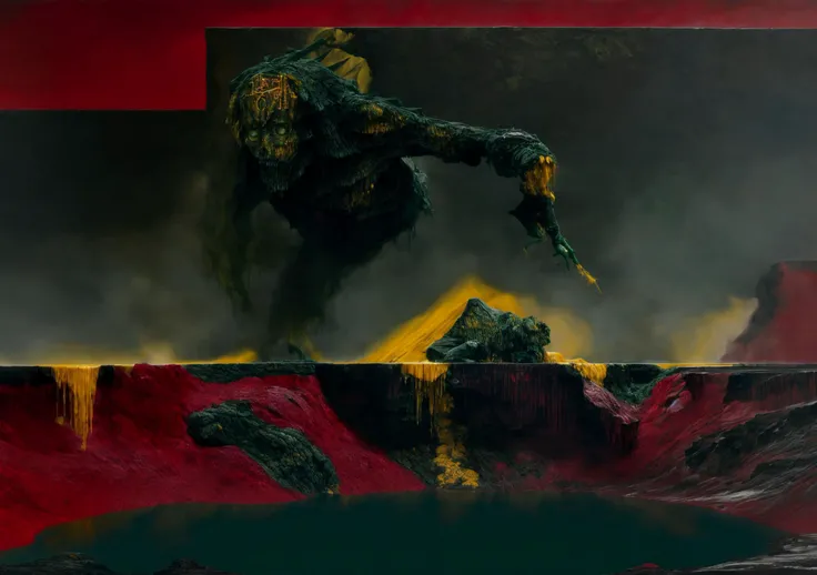 masterpiece, oil on canvas, Wayne Douglas Barlow style, (dark theme), evil:ancient:machine architecture theme, hell labyrinth theme, ((dark ((blood red fog) blocking out the sky))), [obsidian:golden] building ascending into the red dark sky, ancient steles guarded by evil runic clockwork [golems:hellbeasts], (((dark deep pools:pits of (boiling green and yellow acid) at the bottom))), alongside a steep endless descending obsidian wall, barren wasteland terrain, dead hellscape, intricate details, best quality <lora:Wayne_Barlowe_ArtStyle:1> <lora:more_details:1>