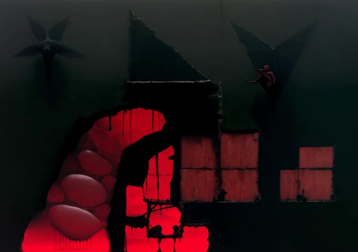 masterpiece, (dark surrealism), Wayne Barlowe style, best quality, oil on canvas, ((dark theme)), black stone cavern sky, the (bleak labyrinthine (slums) of hell), (neighborhood) of (black stone:brick houses (along a river of boiling green acid)) leading to city center, ((dark (red) foggy skies)) <lora:Wayne_Barlowe_ArtStyle:1>