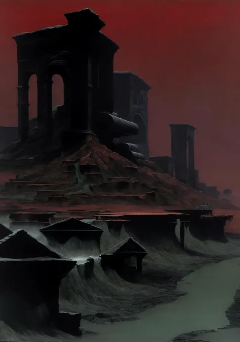 masterpiece, best quality, oil on canvas, (Wayne Douglas Barlowe style), ((dark theme)), black stone sky, the (bleak labyrinthine (slums) of hell), (neighborhood) of (black stone:brick houses (along a river of boiling green acid)) leading to city center, ((dark (red) foggy skies)) <lora:Wayne_Barlowe_ArtStyle:1>