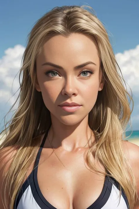 Picture, best quality, portrait photo of beautiful Koh_KristannaLoken, a wearing beach volleyball uniform, on a beach, looking at viewer, perfect face, perfect eyes, sharp focus, bright sunlight, optical flare, yacht