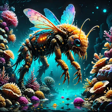 ral-hnycmb towering insectoid monstrosity, Bioluminescent reefs teeming with vibrant marine life, ink art, line art,, Hard Lighting, ColorART, sharp focus, glowing, scifi  iphone, by Ruan Jia and Mandy Jurgens and William-Adolphe Bouguereau, Artgerm<lora:ral-hnycmb:0.8> <lora:InkArtXL_1.2:0.7> <lora:MJ52:0.4> <lora:ColorART:0.7>