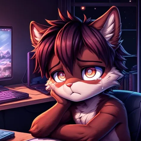(male), (<lora:SuperBolinha2_CivicAI_Lora:1>) , cute, chibi, (superbolinha2), cry, sad, bad moment , in the bedroom, in front of the computer, (bored, tired), at night, (masterpiece, best quality, ultra-detailed, best shadow), ((solo)), ((nostalgic filter)), retrowave, uploaded on e621, detailed fur texture, by alexis franklin, darwyn cooke, flat, detailed face