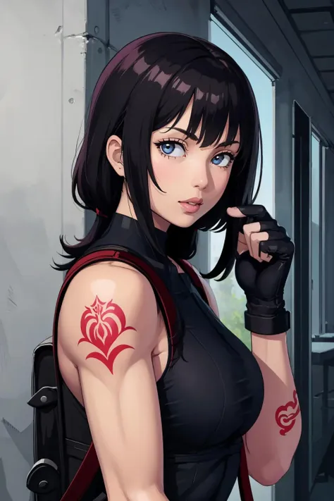 (masterpiece, best quality:1.2), <lora:aka6:1>, aka6, 1girl, solo, black hair, tattoo, backpack, gloves, looking at viewer, fingerless gloves, bag, upper body, over shoulder, lips, bangs