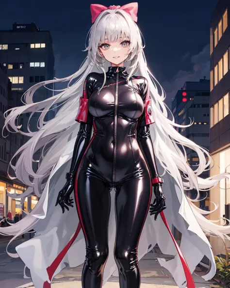 1girls, large breasts,light smile,  <lora:VenetoSwimsuitV1[venetoswimsuit]:0.8>,(biker clothes:1.2),(full-length zipper),(latex bodysuit:1.4),outdoors,cityscape,