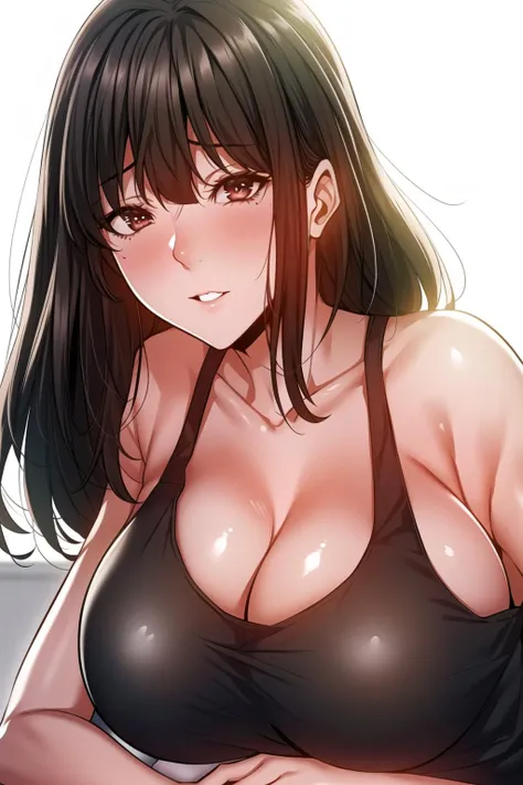 Simple White Background,
cleavage, collarbone,Black tank top, short sleeves, 
<lora:Ruopin_ERO404-KK77-V1:0.7>,
brown eyes, brown hair,long hair, blunt bangs,  
<lora:Oda_Non_Style-KK77-V2:0.1>,<lora:more_details:0.1>,
1 girl, 20yo,Young female,Beautiful Finger,Beautiful long legs,Beautiful body,Beautiful Nose,Beautiful character design, perfect eyes, perfect face,expressive eyes,perfect balance,
looking at viewer,(Focus on her face),closed mouth, (innocent_big_eyes:1.0),(Light_Smile:0.3),
official art,extremely detailed CG unity 8k wallpaper, perfect lighting,Colorful, Bright_Front_face_Lighting,White skin,
(masterpiece:1.0),(best_quality:1.0), ultra high res,4K,ultra-detailed,
photography, 8K, HDR, highres, absurdres:1.2, Kodak portra 400, film grain, blurry background, bokeh:1.2, lens flare, (vibrant_color:1.2),professional photograph,
(Beautiful,large_Breasts:1.4), (beautiful_face:1.5),(narrow_waist),