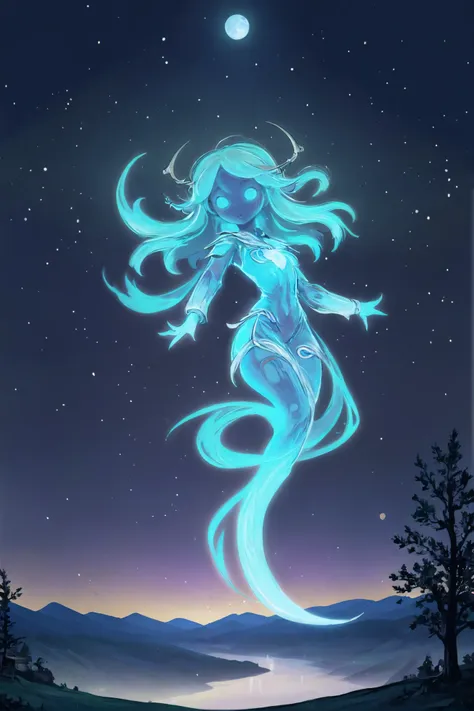 A luminous moon spirit, with silvery trails, hovering over a tranquil night landscape.<lora:EnvySpiritXL01-fae:1>