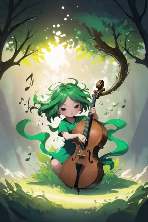 A harmonious music spirit, with musical notes swirling around, resonating with the sounds of nature.<lora:EnvySpiritXL01-fae:1>