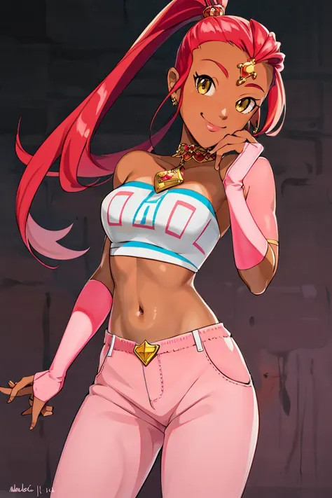 <lora:noelia_ponce_style:0.8>,((masterpiece,best quality)), absurdres, <lora:Nabooru_Zelda_Anime:0.8>, Nabooru_Zelda, pink pants, dark skin, long pony tail solo, smiling, looking at viewer, cowboy shot,