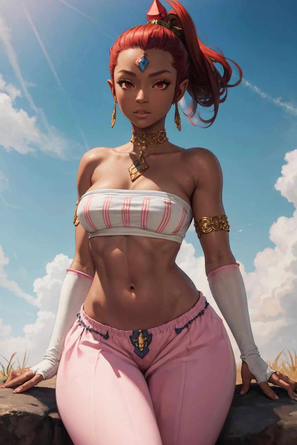 masterpiece, best quality, <lora:pov_breasts_undress_v1.3:.8><lora:Nabooru_Zelda_Anime:0.7>, Nabooru_Zelda, navel dark-skinned female, red eyes, ponytail