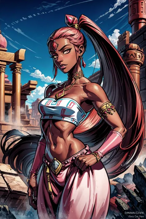 older female, indian, small waist, toned, belly dancer, wide hips, long light purple hair, thick thighs, dark green eyes, ifbb, thick lips, colored eyelashes, thin waist, dark skin, tan, tanline, golden lipstick, translucent iridescent harem pants, sheer metallic red sari top, white lace bridal gauntlets, wielding katana