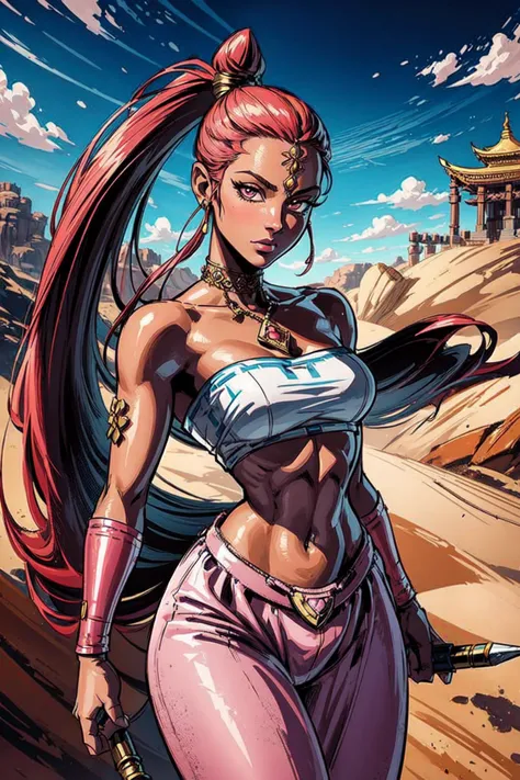 thick outlines, comics, photorealistic, masterpiece:1.2, 1girl, solo, small breasts, scimitars, dual wielding, <lora:Nabooru_Zelda:0.6>, Nabooru_Zelda, pink pants, long pony tail, desert, temple, detailed background, detailed face, detailed eyes, <lora:add_detail:0.7>