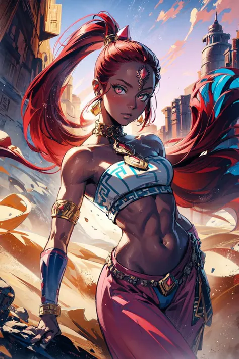 thick outlines, comics, photorealistic, masterpiece:1.2, 1girl, solo, small breasts, <lora:Nabooru_Zelda:0.7>, Nabooru_Zelda, red hair, long ponytail, pink pants, night, desert town, temple, detailed background, detailed face, detailed eyes, <lora:add_detail:0.7>