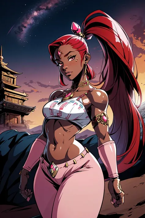 thick outlines, comics, photorealistic, masterpiece:1.2, 1girl, solo, small breasts, <lora:Nabooru_Zelda:0.7>, Nabooru_Zelda, red hair, long ponytail, pink pants, night, desert town, temple, detailed background, detailed face, detailed eyes, <lora:add_detail:0.7>