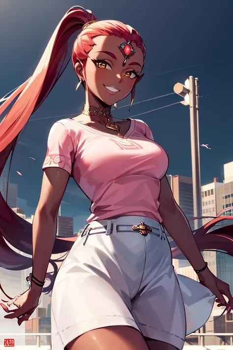 ((masterpiece,best quality)), absurdres,
<lora:Nabooru_Zelda:0.7>, Nabooru_Zelda, dark skin, long pony tail, pink shirt, white skirt,
solo, smiling, smug, looking at viewer, cowboy shot,
modern city, cinematic composition, dynamic pose,