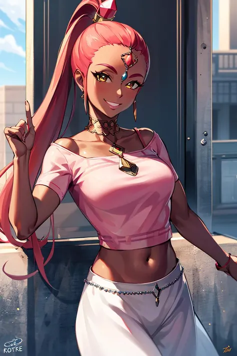 ((masterpiece,best quality)), absurdres,
<lora:Nabooru_Zelda:0.7>, Nabooru_Zelda,  dark skin,  long pony tail, pink shirt, white skirt, 
solo, smiling, smug, looking at viewer, cowboy shot,
modern city, cinematic composition, dynamic pose,