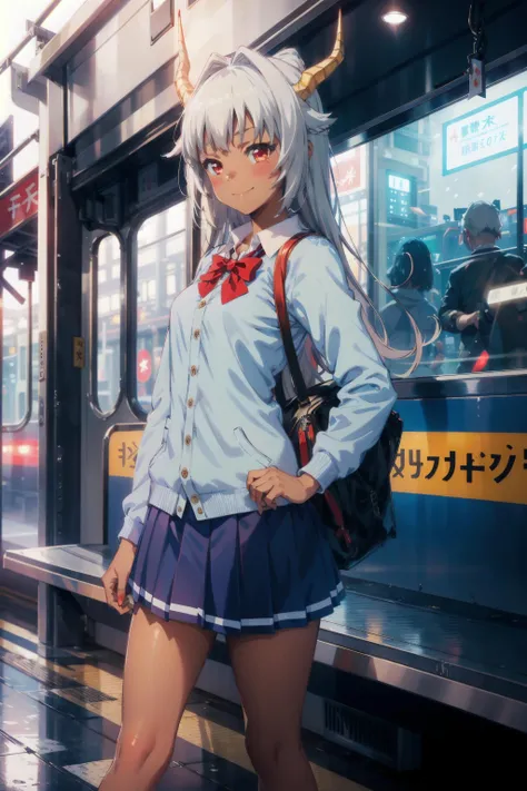 best quality, (masterpiece:1.2), detailed,
<lora:chara_EnjoKouhai_Ursula_v1:0.8>, ursula,
1girl, solo, blush, smile, closed mouth,
dark skin, grey hair, long hair, red eyes, dragon horns, small breasts,
school uniform, blue cardigan, white shirt, red bowtie, blue skirt,
standing, looking at the viewer, light rays,
train station, platform