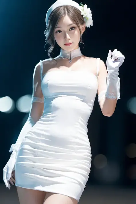(photo realistic:1.55), <lora:reia02:1>, masterpiece, best quality, detailed, blurry, depth_of_field, blurry_background, blurry_foreground, 1girl, gloves, white_gloves, dress, motion_blur, photo_\(medium\), solo, white_dress