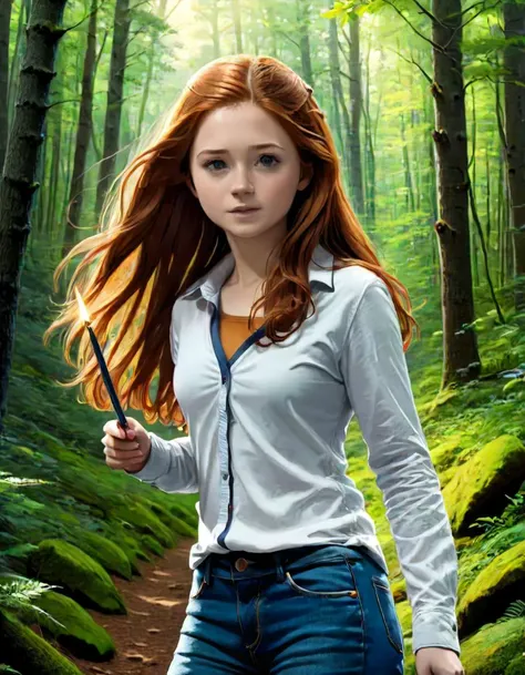 Ginny_Weasley, a woman wearing a stripped jacket and jeans pants, A bioluminescent, woman standing in a fantasy forest, posing beside a fallen log, digital painting, with a mystical forest backdrop, soft-focus on background foliage, a faint glow emanating from her form, ultra fine detail, glowing particle effects, ethereal aura, fantasy art, ultra detailed, detailed, hdr, epic background, line art, digital illustration, comic style, dynamic, highly detailed, artstation, concept art, smooth, sharp focus, illustration, Thomas Moran style, art by Carne Griffiths and Wadim Kashin, detailed background, 60-30-10 color rule, warm tones, godrays, unreal engine, greg rutkowski, loish, rhads, beeple, makoto shinkai and lois van baarle, ilya kuvshinov, rossdraws, tom bagshaw, alphonse mucha, global illumination, detailed and intricate environment <lora:Ginny_Weasley:0.8> <lora:XDetail_light:1>