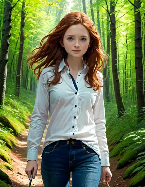 1girl, wavy hair, auburn hair, eyebrows visible through hair, hazel eyes,, open buttons, white shirt, collared shirt, masterpiece, 8k wallpaper, lowrise blue jeans, hiking in the woods, <lora:Ginny_Weasley:0.8> Ginny_Weasley, holding a wand, walking away from viewer