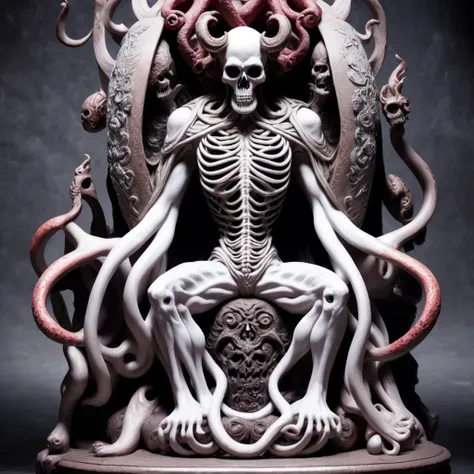 photo, a statue of a demon skeleton king octopus man sitting on top of a throne (undeadking style:1) <lora:djzUndeadKingV21:1>