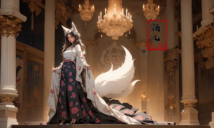 1girl, solo, (dramatic, gritty, intense:1.4),masterpiece, best quality, 32k uhd, insane details, intricate details, hyperdetailed, hyper quality, high detail, ultra detailed, Masterpiece,
A beautiful maiden lying in the center of the palace, purple flames and black swirls, traditional Chinese costume jewelry, (9Fox Tail:1.3), elaborate costumes, full body photos, traditional costumes, Fox tail, white hair(Boho-chic maxi skirt with prints:1.6)
<lora:~Q?-N]\> Fox tail:0.8>