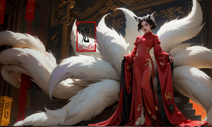 1girl, solo, (dramatic, gritty, intense:1.4),masterpiece, best quality, 32k uhd, insane details, intricate details, hyperdetailed, hyper quality, high detail, ultra detailed, Masterpiece,
A beautiful maiden standing in the center of the palace, purple flames and black swirls, traditional Chinese costume jewelry, (9Fox Tail:1.3), elaborate costumes, full body photos, traditional costumes, Fox tail, white hair(red cheongsam:1.6)
<lora:~Q?-N]\> Fox tail:0.8>