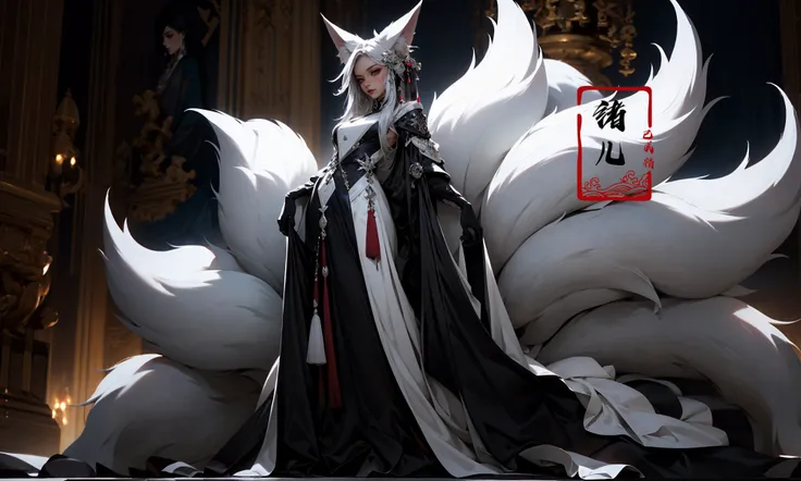 1girl, solo, (dramatic, gritty, intense:1.4),masterpiece, best quality, 32k uhd, insane details, intricate details, hyperdetailed, hyper quality, high detail, ultra detailed, Masterpiece,
A beautiful maiden standing in the center of the palace, purple flames and black swirls, traditional Chinese costume jewelry, (9Fox Tail:1.3), elaborate costumes, full body photos, traditional costumes, Fox tail, white hair
<lora:~Q?-N]\> Fox tail:0.8>