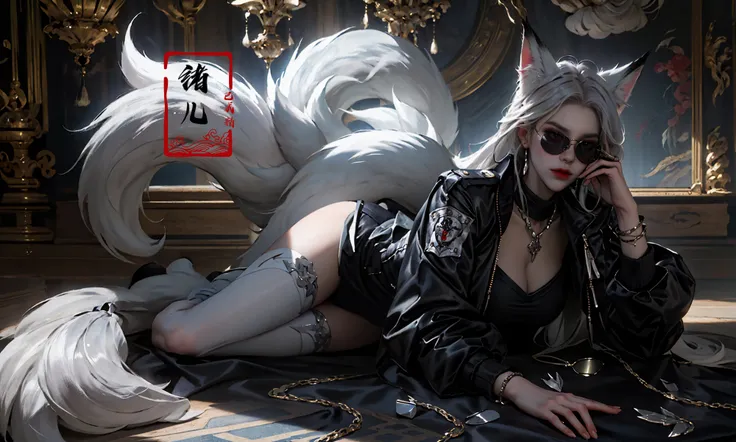 1girl, solo, (dramatic, gritty, intense:1.4),masterpiece, best quality, 32k uhd, insane details, intricate details, hyperdetailed, hyper quality, high detail, ultra detailed, Masterpiece,
A beautiful maiden lying in the center of the palace, purple flames and black swirls, traditional Chinese costume jewelry, (9Fox Tail:1.3), elaborate costumes, full body photos, traditional costumes, Fox tail, white hair(Aviator jacket and aviator sunglasses:1.6)
<lora:~Q?-N]\> Fox tail:0.8>