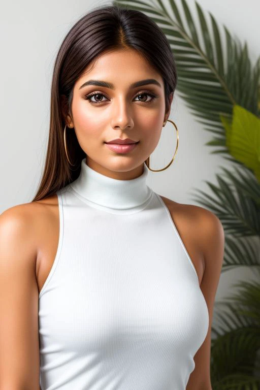 highres headshot photo of a beautiful indian woman, looking at the viewer, wearing a white sleeveless turtleneck, brightly lit scene, outdoors, daytime <lora:Desi_Fair_Dark_last:1>