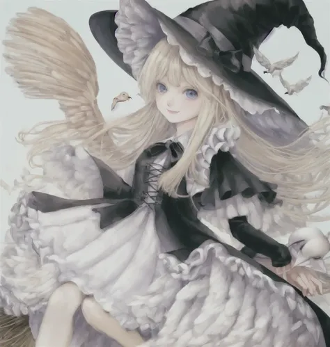 1girl, angel, angel_wings, animal, bird, bird_on_head, blonde_hair, blue_eyes, broom, broom_riding, dove, feathered_wings, flying, frills, hat, long_hair, owl, painting_\(medium\), smile, solo, traditional_media, white_wings, witch_hat,<lora:yeqiche-000008:0.7>