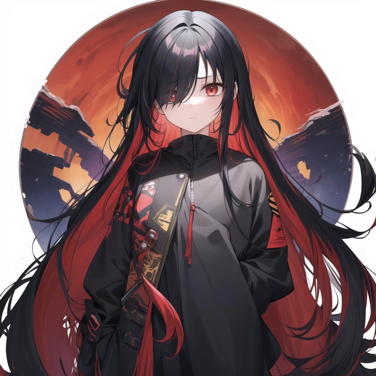 best_quality,masterpiece,1_girl,cowboy shot,multicolored hair, hair over one eye, absurdly long hair, messy hair, black hair, red hair,background black hole, expressionless, closed mouth,full_body,