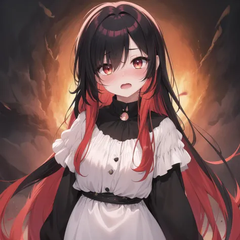 best_quality,masterpiece,1_girl,fcowboy shot, full-face blush, multicolored hair, hair over one eye, absurdly long hair, messy hair, full-face blush, open mouth, black hair, red hair,background black hole