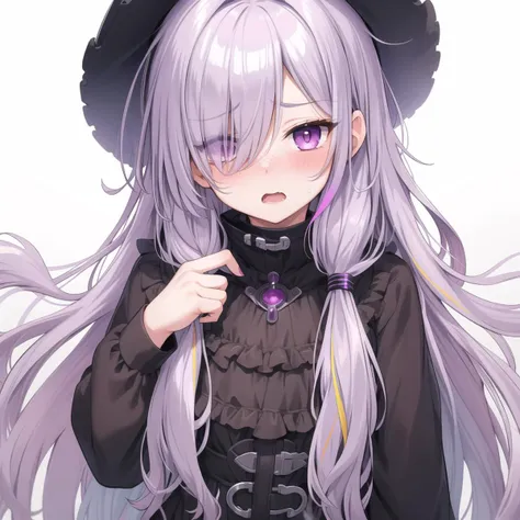 best_quality,masterpiece,1_girl,fcowboy shot, full-face blush,  multicolored hair, silver hair, purple hair, hair over one eye, absurdly long hair, messy hair, full-face blush, open mouth