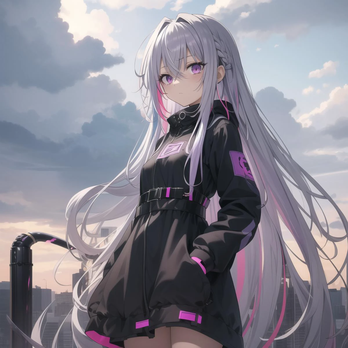 best_quality,masterpiece,1_girl,cowboy shot, absurdly long hair, messy hair, multicolored hair, silver hair, purple hair, expressionless,cloudy_sky,