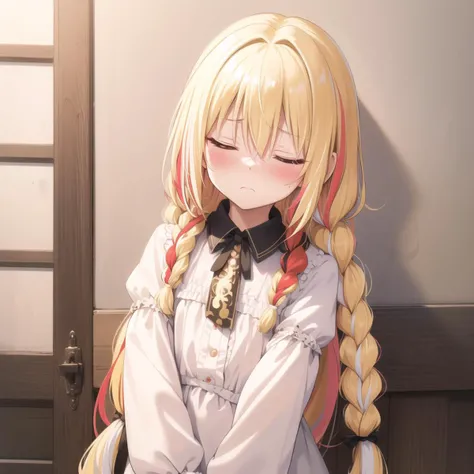 best_quality,masterpiece,1_girl,fcowboy shot, full-face blush, blonde hair, multicolored hair, white hair, absurdly long hair, braid, half-closed eyes, disgust, closed mouth