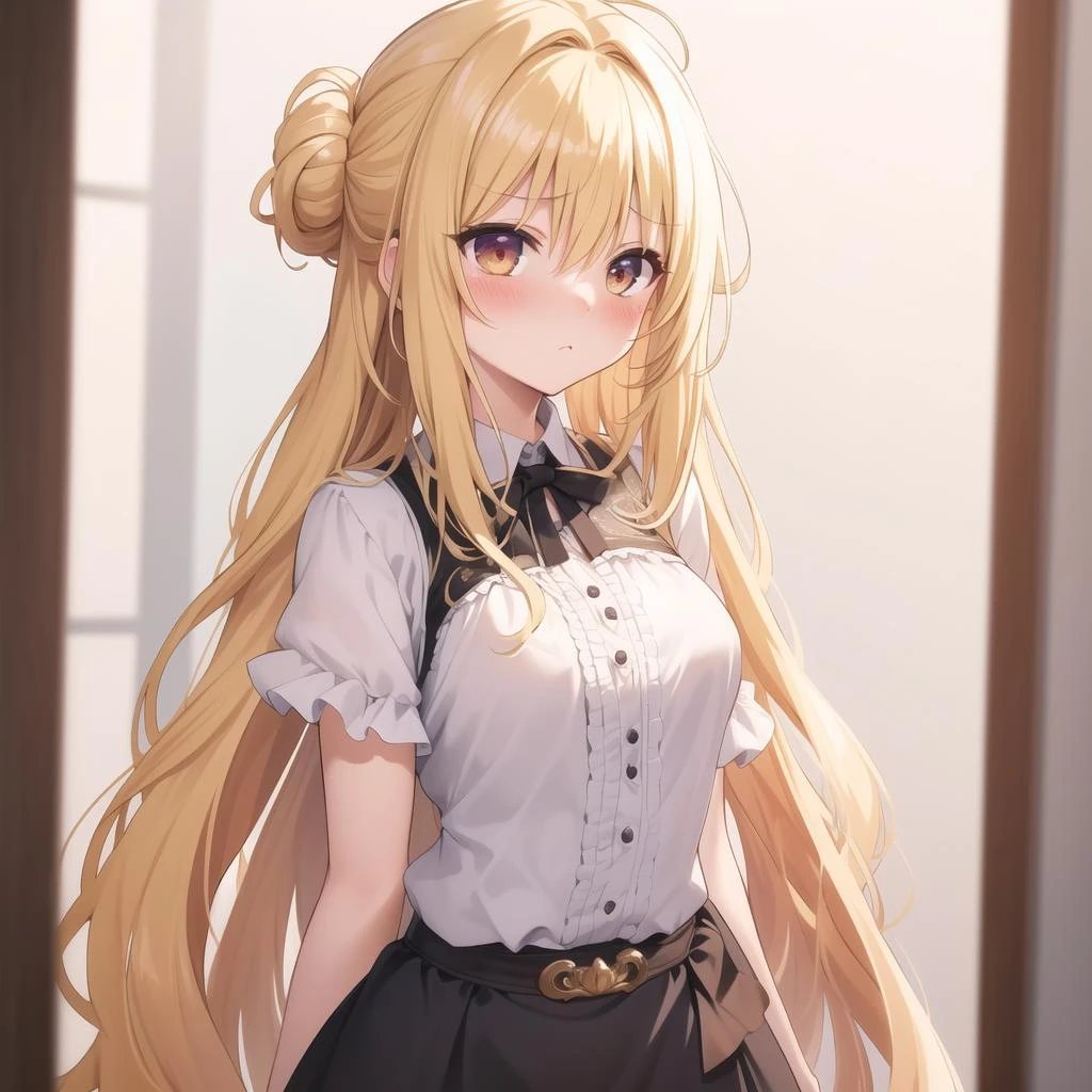 best_quality,masterpiece,1_girl,fcowboy shot, full-face blush, tsundere, blonde hair, parted bangs, absurdly long hair, half updo