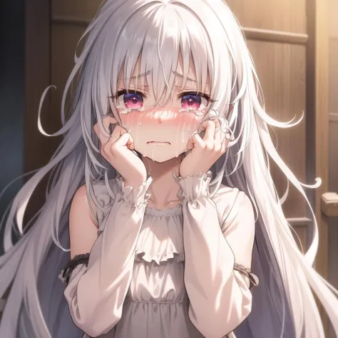 best_quality,masterpiece,1_girl,fcowboy shot, full-face blush,    messy hair, absurdly long hair, white hair, sad, crying, tears, scared