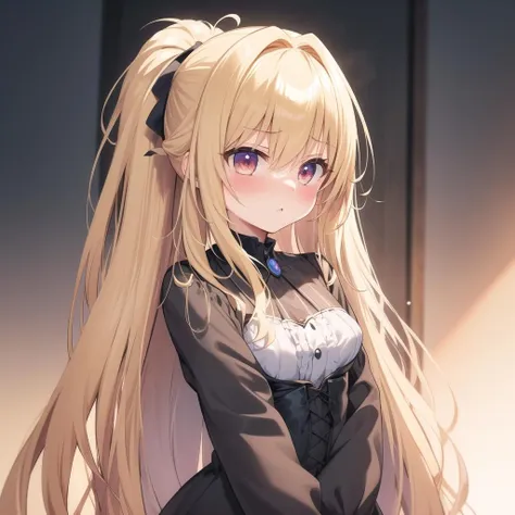 best_quality,masterpiece,1_girl,fcowboy shot, full-face blush, tsundere,  blonde hair, parted bangs, absurdly long hair, half updo