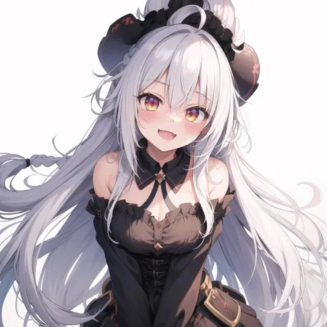 best_quality,masterpiece,1_girl,fcowboy shot, full-face blush, ahoge, open mouth, fang, evil smile, white hair, swept bangs, braid, quad tails, absurdly long hair, messy hair, flipped hair