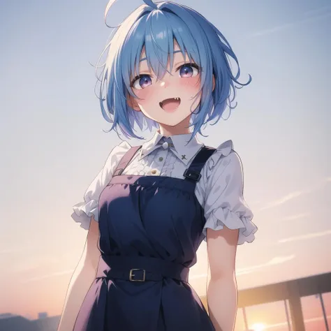 best_quality,masterpiece,1_girl,fcowboy shot, full-face blush, blue hair, short hair, gradient hair, ahoge, open mouth, fang, angelic smile
