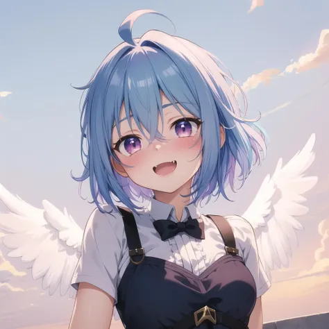 best_quality,masterpiece,1_girl,fcowboy shot, full-face blush,  blue hair,  short hair, gradient hair, ahoge, open mouth, fang, angelic smile