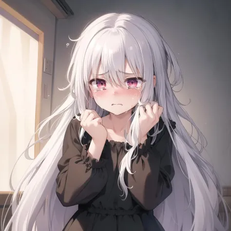 best_quality,masterpiece,1_girl,fcowboy shot, full-face blush, messy hair, absurdly long hair, white hair, sad, crying, tears, scared